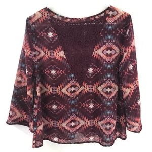New  Arizona Jeans Top Lace Woven Back Aztec Print